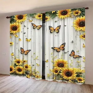2pcs Sunflower Butterfly Pattern High Definition Digital Print Curtains, Polyester Material, Semi-Transparent Privacy Protection Home Decor