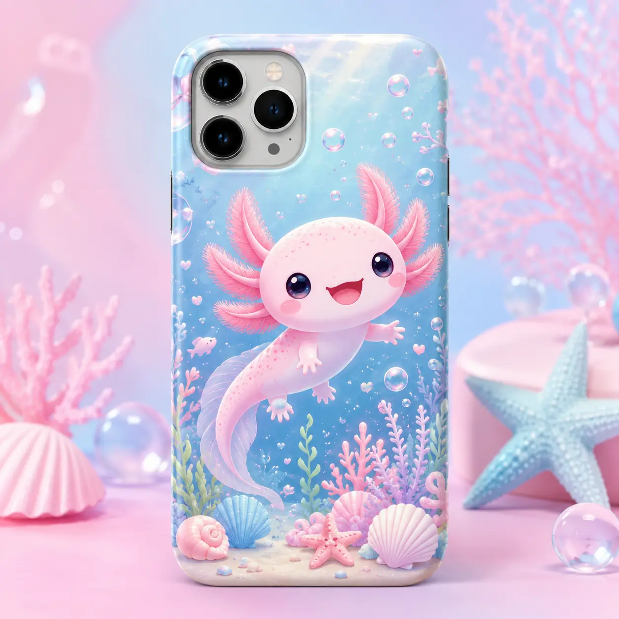 Axolotl iPhone Case with Pink Axolotl Design, Blue Background, and Coral Details, Perfect for iPhone Users