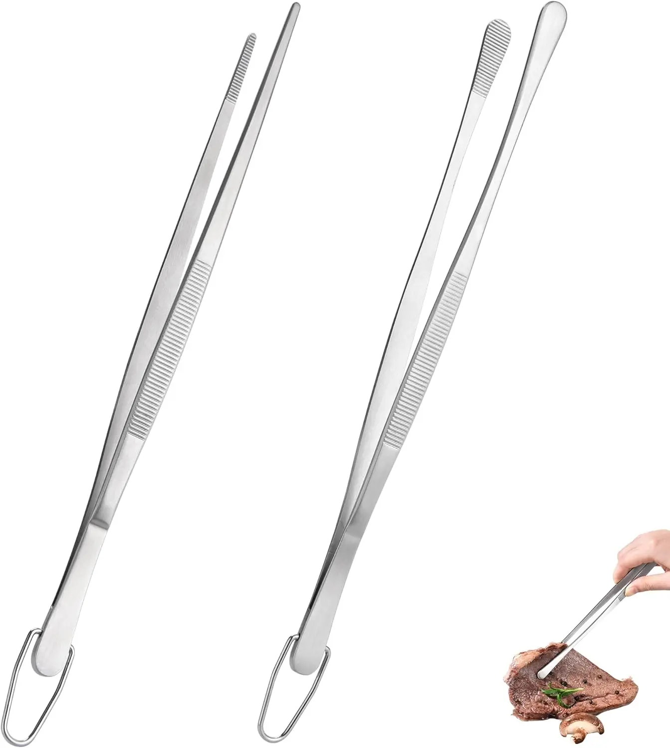 12" Kitchen Cooking Tweezer Set: 18/8 Stainless Steel Food-Grade Metal Food Tong, Flexible Pinching, Seamless-Welding, Sturdy and Non-Slip for Serving, Grilling, Frying (Round & Pointed Tip)