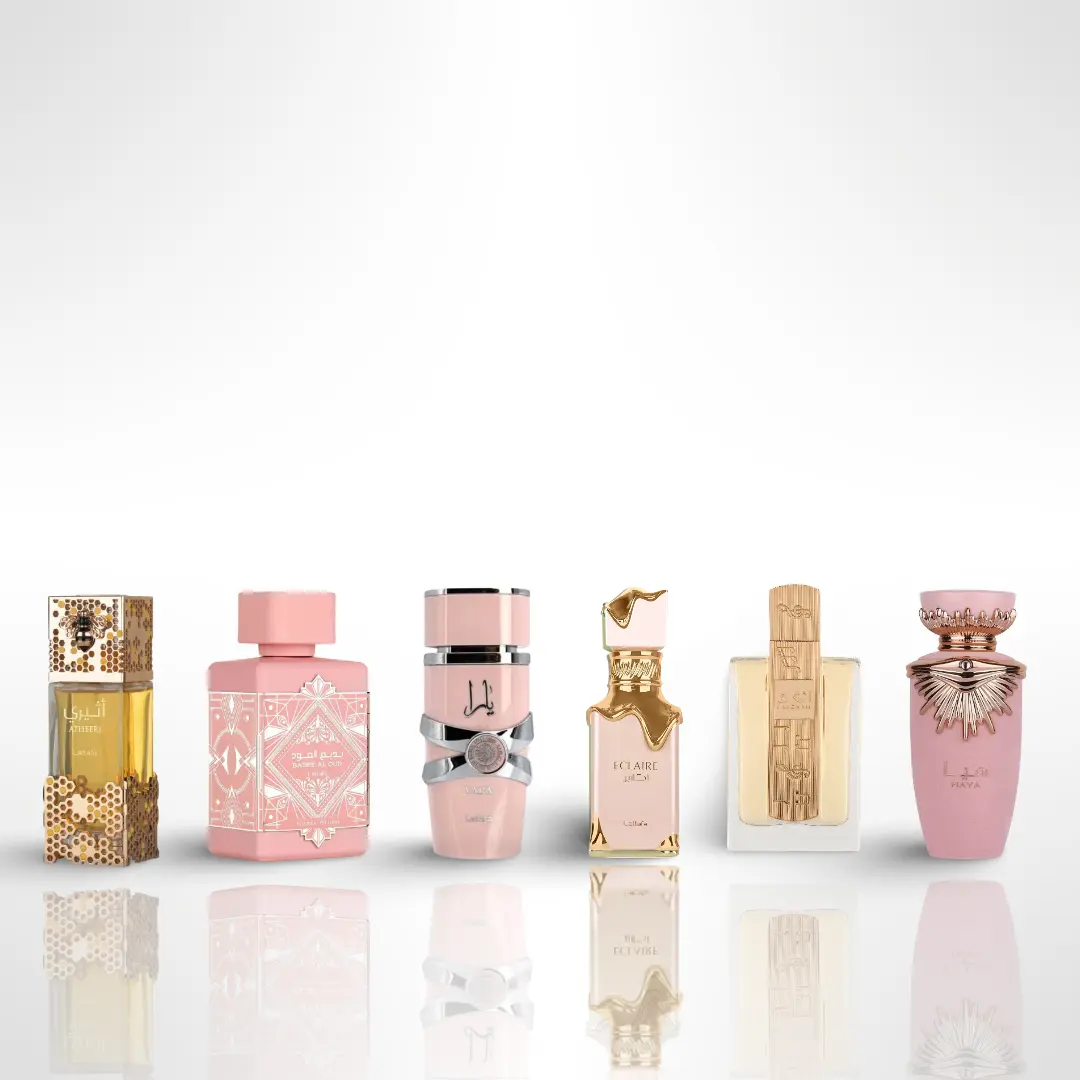 Lattafa Unisex 6-Piece Fragrance Gift Bundle - Atheeri, Badee Al Oud, Yara, Eclaire, Angham, Haya (3.4oz/100ml Each) with Amber Vanilla, Floral Woody Scents & Long-Lasting Aroma, Amber Vanilla Fragrance