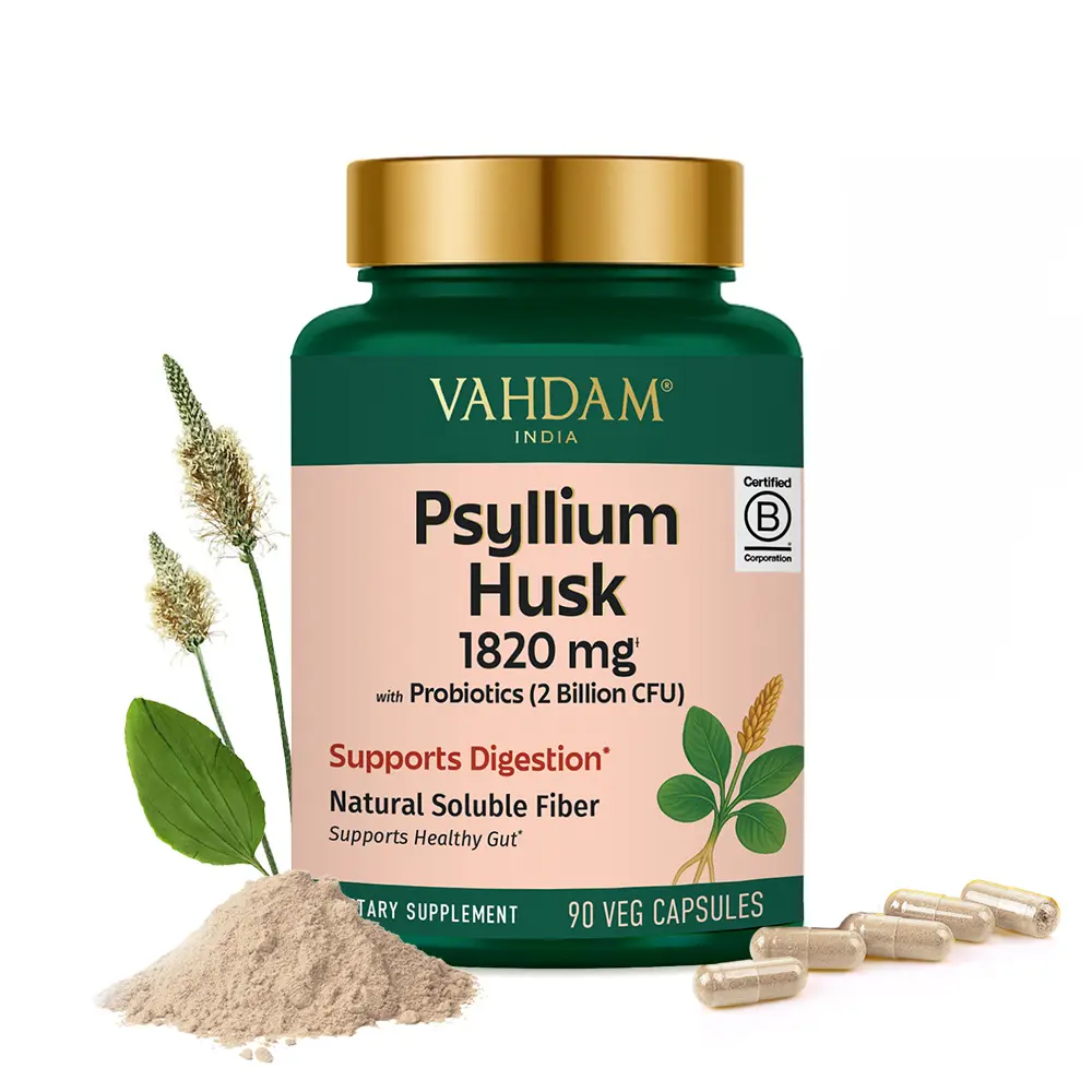 VAHDAM Psyllium Husk Fiber + Probiotics Veg Capsules, 1820mg Daily Fiber Supplement, All Natural Digestion Supplement, Gut Cleanse Support, 90 Count