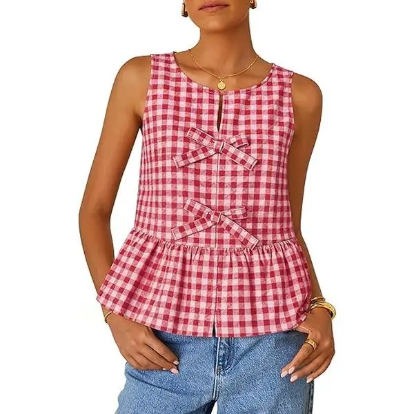 ZESICA Women's Summer Sleeveless Gingham Tank Tops 2026 Crewneck Tie Front Top Loose Ruffle Peplum Babydoll Blouses