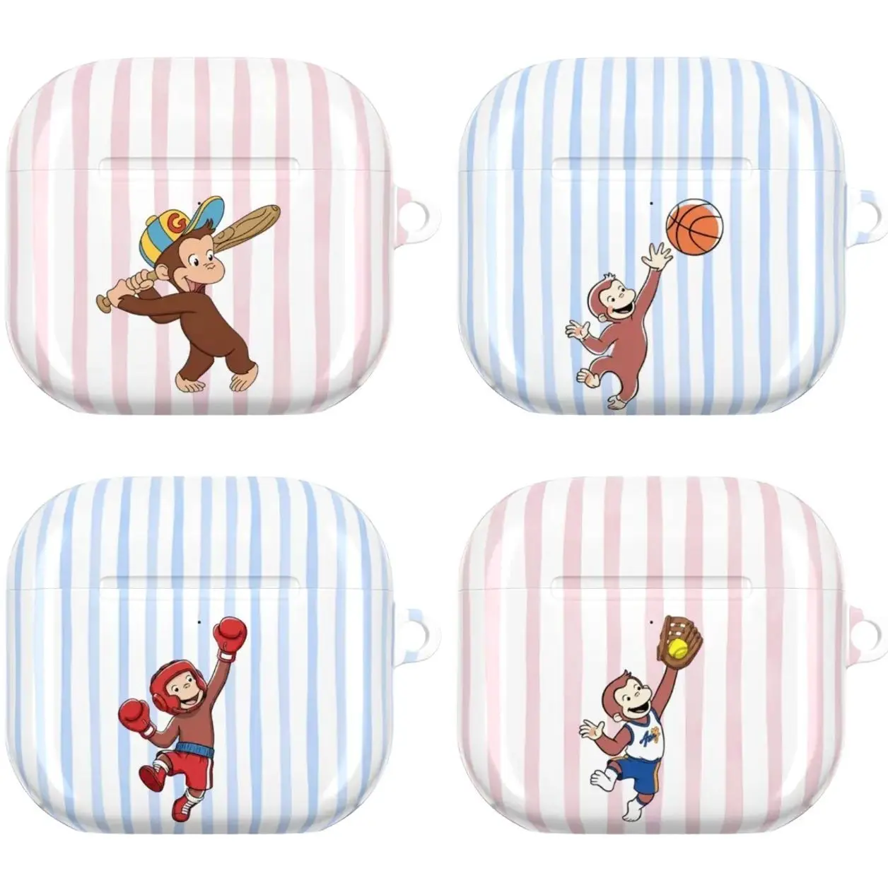 Curious George Playful Airpods Case, Striped Baseball | Basketball | Softball | Boxing Case for AirPods 1, 2, pro Gen 2, 3, 4, Gift For Her
