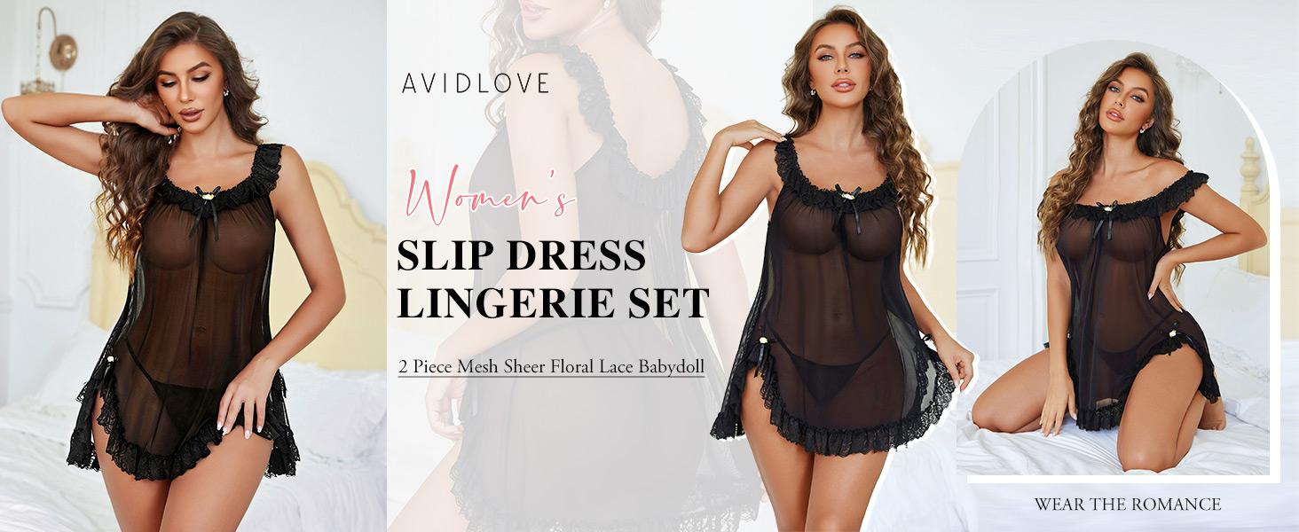 Avidlove Women 2 Piece Babydoll Lingerie Set Sheer Mesh Lace Slip Nightgown | Mesh Babydoll Lingerie Set With Lace Ruffle Slip and Thong.Perfect for Honeymoon,Wedding Night and Bridal Boudoir Shoot
