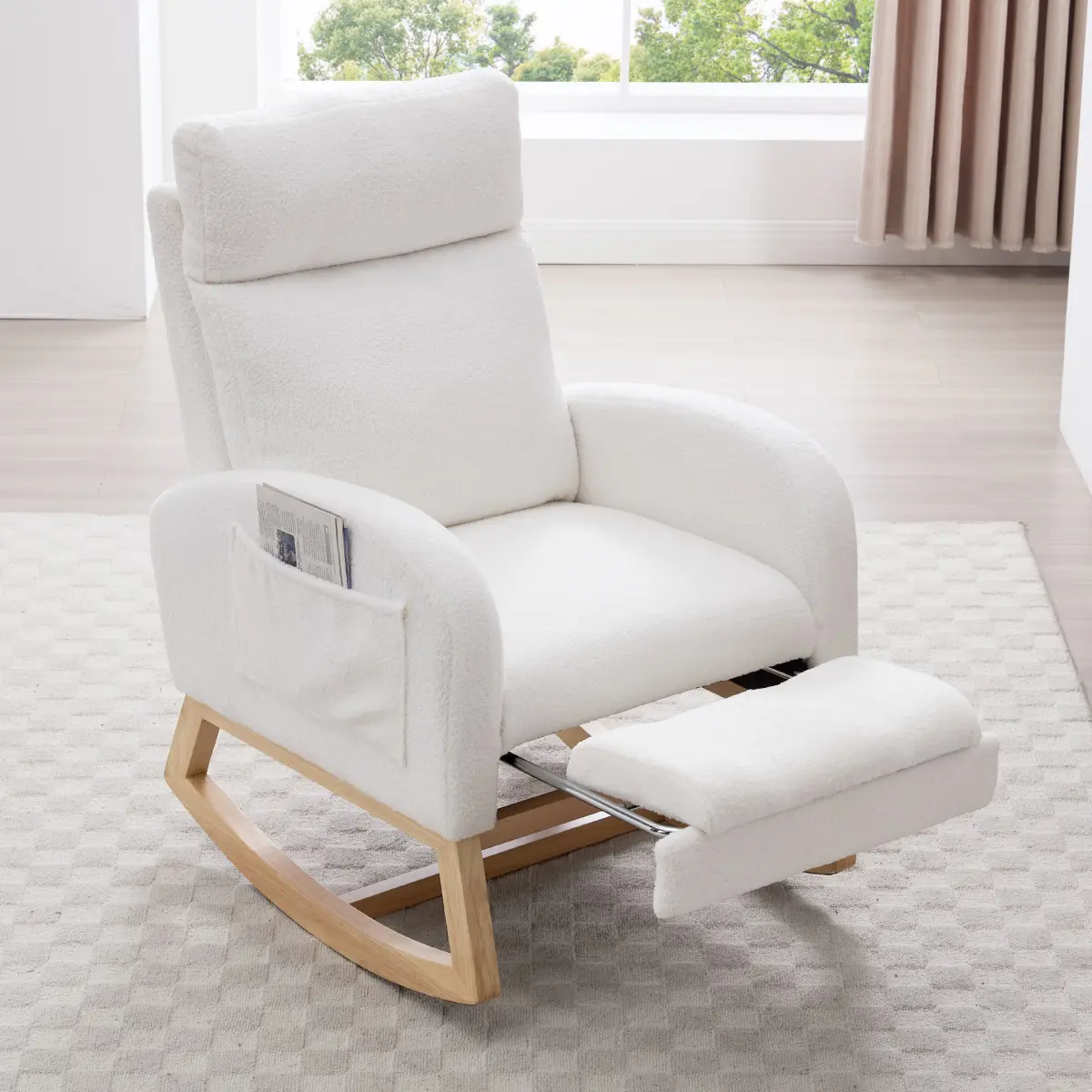 Nursing Rocking Chair, 40" Teddy Nursery Chairs with Adjustable Foot Rest, High Backrest Upholstered Arm Chair with Side Pockets, Wood Rocking Chair for Living Room, Bedroom, Baby Room (White), Glider Chair, Modern Fabric Chair