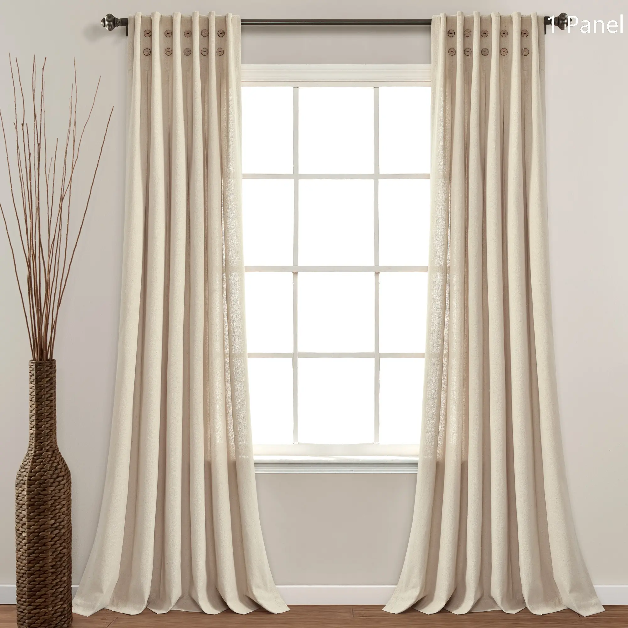 Lush Decor Traditional Linen Button Pinched Pleat Finished Window Curtain - Single Panel (84x40", Sold Individually), Natural Fiber Polyester Blend, Farmhouse Chic Neutral Easy Install Home Decorative Window Hanging for Bedroom/Living Sun Shade