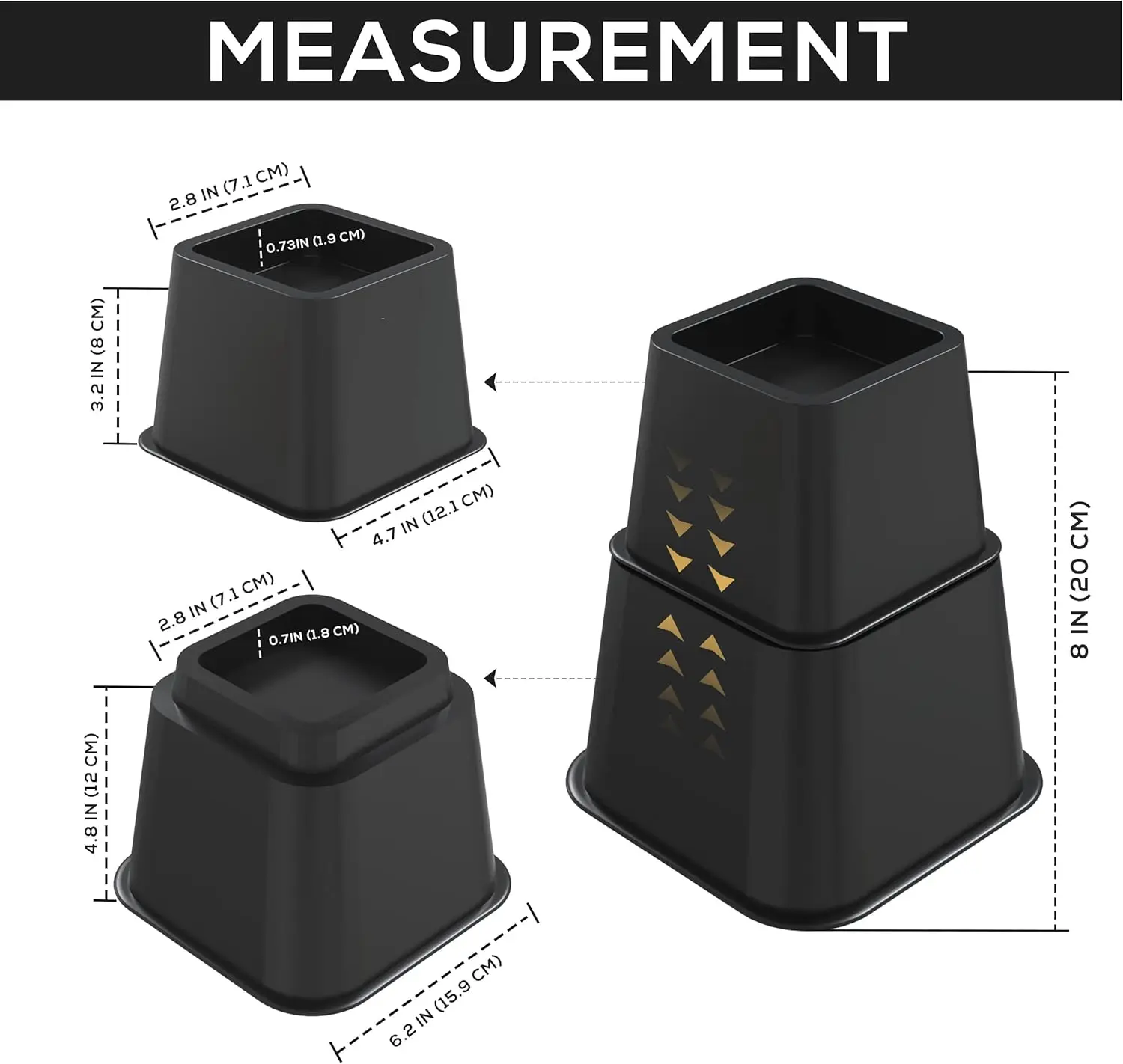 Utopia Bedding Adjustable Bed Risers – Set of 4, 3/5/8 Inch, Heavy-Duty Furniture Riser for Bed, Couch, Desk, Dorm Room Storage, Supports Up to 1,300 lbs, Black