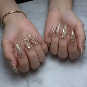 New Design Sparkling Flower Nail Art, Almond Shape Glossy Finish, Medium Length Press-On Nails, Perfect for Parties and Dates