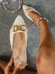 Women's Red & Beige Pointed Toe Slingback Flats, Red Floral Embroidery & Gold Metal Chain Buckle Decor, Textile Upper with Velvet Strap, Comfortable Non-Slip Elegant Dress Shoes for Party, Date and Daily Wear