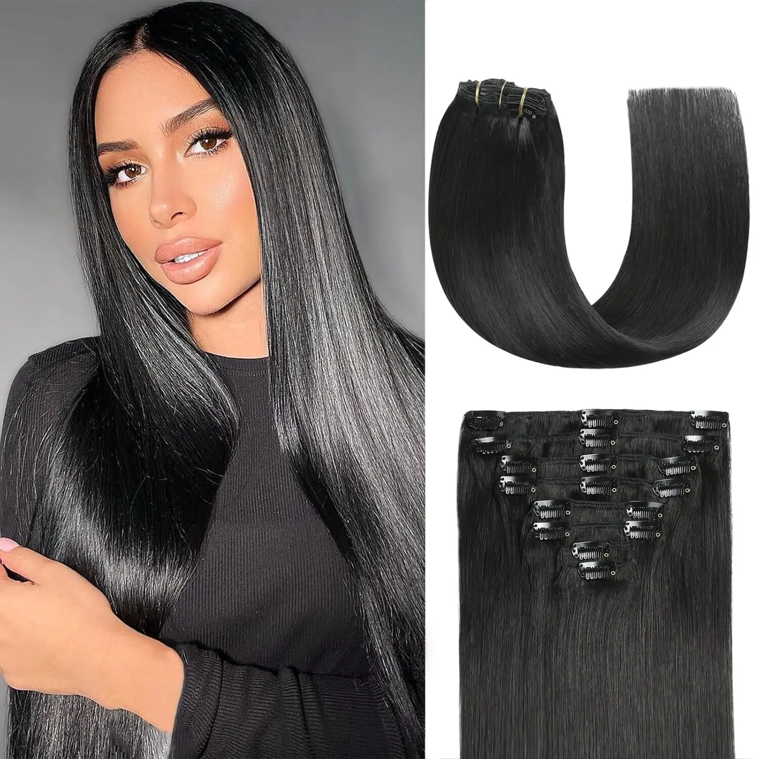 Jessie's Wig #1B 16-26 inch 8 Pcs 120g Clip in Hair Extensions Real Human Hair Clip Ins Human Hair Extension for Women