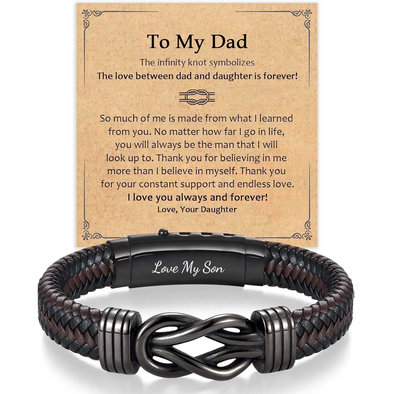 Infinity Leather Bracelet for Men Him Boys, Engraved Love You Son Grandson Nephew Brother Dad Husband Uncle Christmas Valentines Fathers Birthday Easter Graduation Gifts
