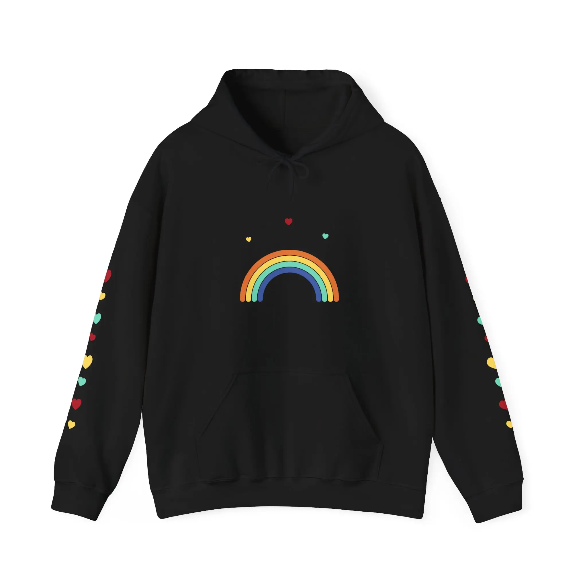Rainbow and Hearts Hoodie, Hearts Down Both Sleeves, Black Pullover Unisex, Rainbow Graphic Hoodie