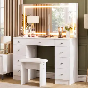 VOWNER Vanity Desk Design Makeup Vanity with Mirror, Lights, Power Outlet, 9 Drawers, 3 Color Lighting Modes, Adjustable Brightness, and Soft Cushioned Stool for Bedroom