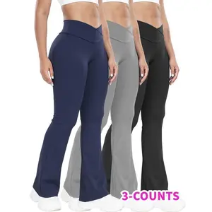Stretchy 3-piece high-waisted yoga pants for women — nylon (75%)–stretch/25%, flared-leg sports leggings — four-season knit fitness leggings