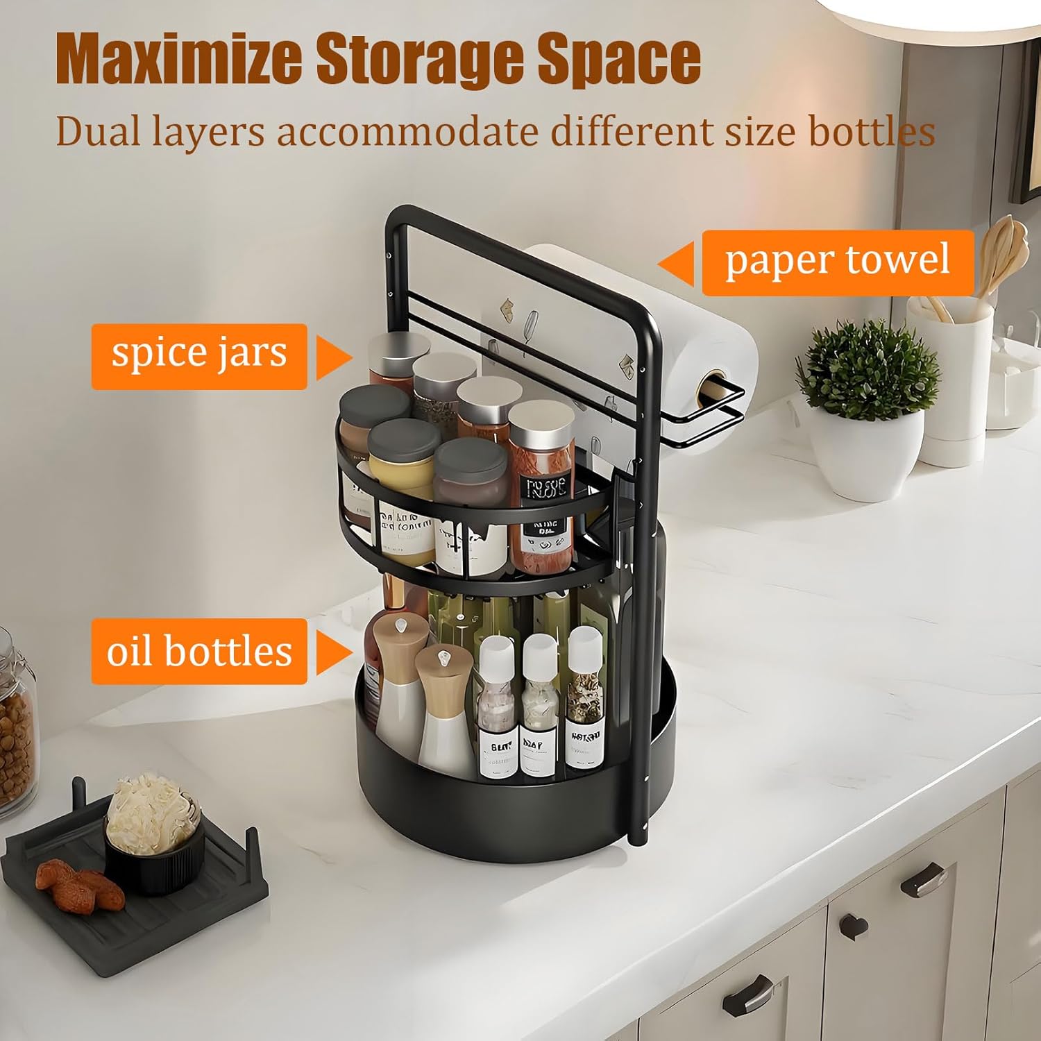 360° Rotating Spice Rack — Double-Tier Turntable Organizer with Industrial Style — Suitable for Kitchen Countertops and Cabinets — Features Integrated Paper Towel Holder — Versatile Kitchen Storage Tray — Black Bottom
