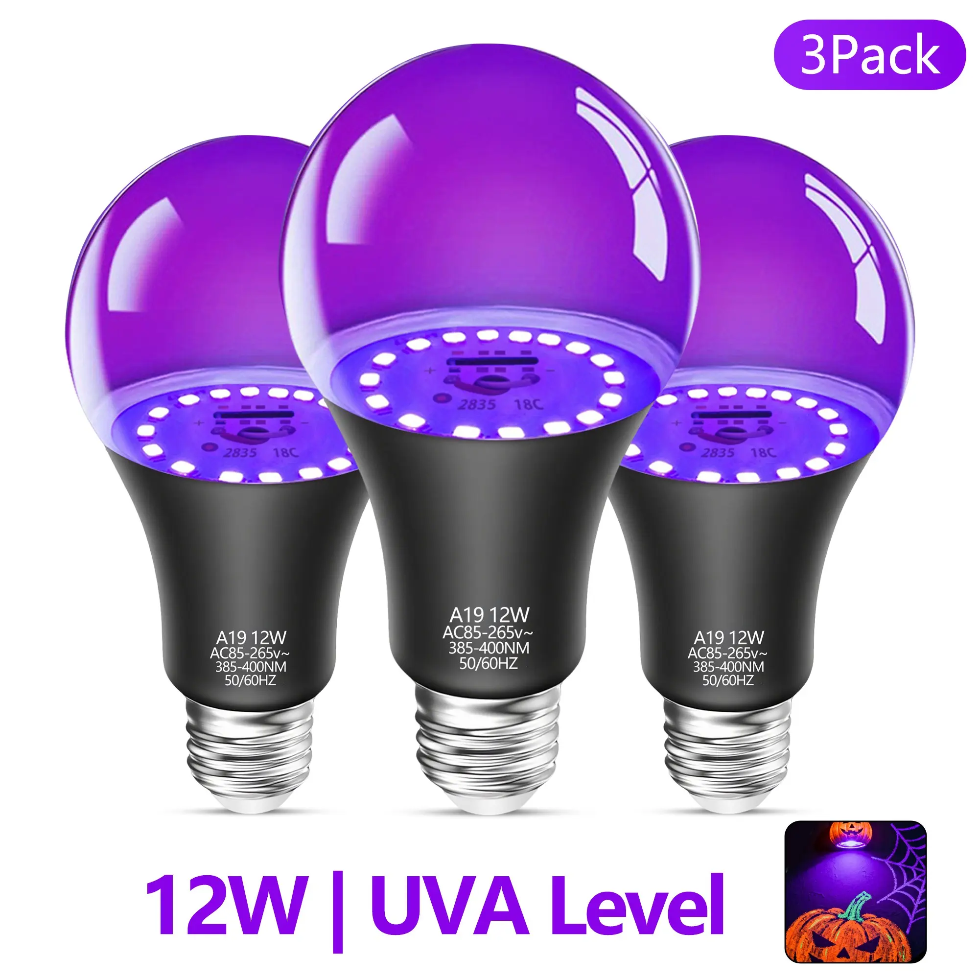 Kasotile LED Light Bulbs, Blacklight, 12w A19, Equivalent to 100w Brightness, Ideal for Body Painting, Party Atmosphere, Fluorescent Posters, Neon Parties
