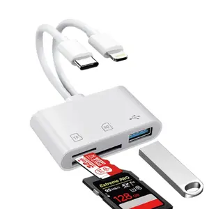 Dual-line three-in-one SD card reader for iPhone, iPad and Android devices - dual USB-C and Lightning adapters, supporting SD/MicroSD/USB 3.0 formats, fast transmission speed, plug-and-play, no need to install applications