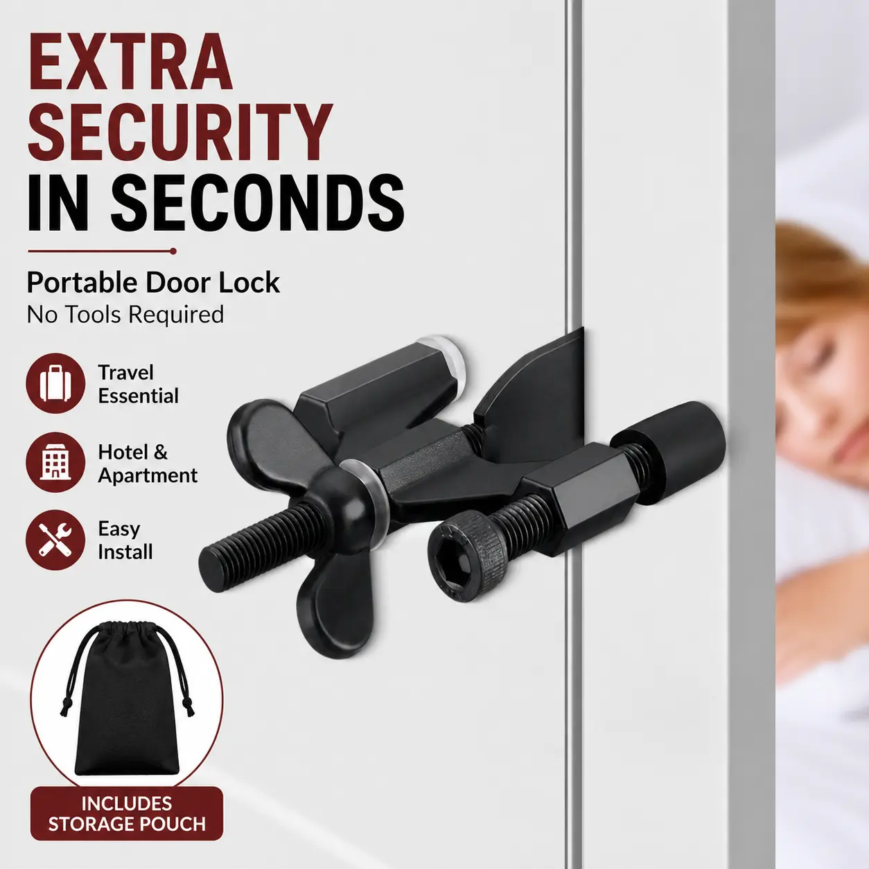 Portable Door Lock, Travel Door Security Lock for Inward-Opening Doors, No-Drill Door Blocker, Hotel Apartment Dorm Home Security