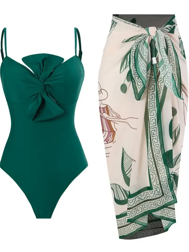 Women's Female 2-Piece Beach Wear Set - Solid Green Front Bow 1-Piece Swimsuit, Tie-Wrap Printed Sarong Cover-Up Skirt