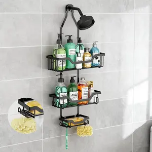 Black Shower Rack with Soap Basket - Large Hanging Storage for Razors & Sponges - Durable Bathroom Organizer
