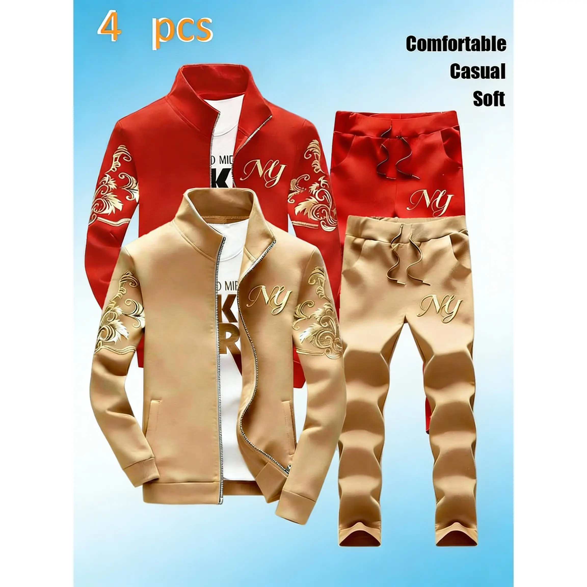 Men's 4-Piece Stand-Collar Zipper Tracksuit - Stylish NY Embroidered Pattern, Casual Sports to Daily Wear Clothing Set
