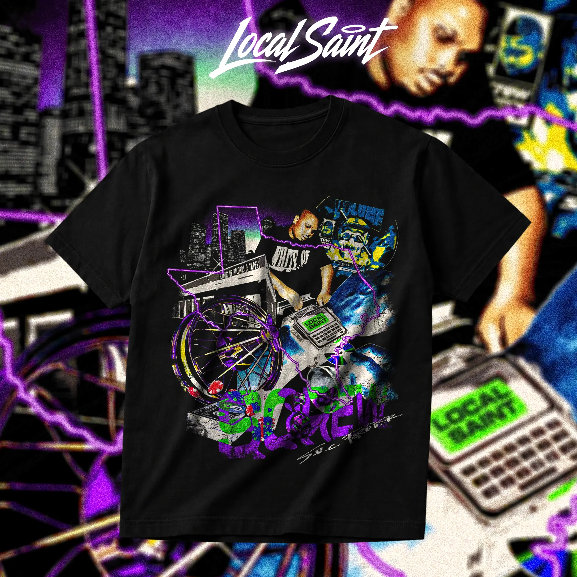 LOCALSAINT DJ Screw Forever Heavy Cotton Unisex Graphic T-Shirt Hoodie Houston Texas Skull Cowboy Lowrider 713 Crewneck Tee, Vintage Streetwear Graphic T-Shirt Direct To Garment Breathable Print