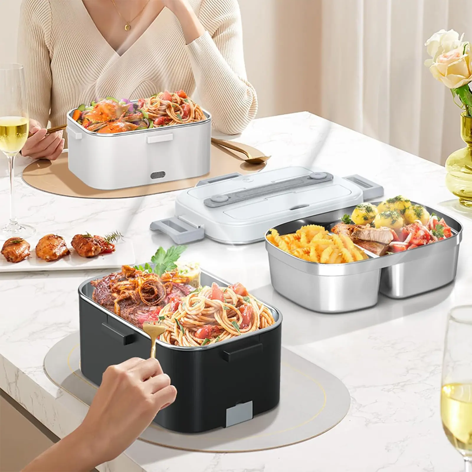 Fast Heating Electric Lunch Container, Leakproof Stainless Steel Portable Food Heater with Insulated Carry Bag, Spoon & Fork for Car Office Travel