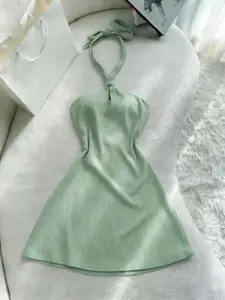 Mint Halter Tie Waist Umbrella Hem Dress, French Girl Style Chic Beach Vacation Dress, Fitted Solid Pattern, Holiday Wear