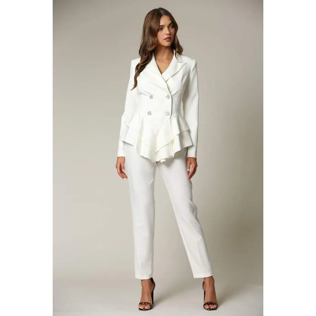 White Two Piece Blazer And Pant Set Collar Fit