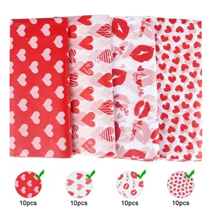 Valentine's Day Wrapping Paper Set (40 sheets) | 10 sheets of each of 4 romantic designs | Cracked Heart + White Heart on Red Background + Red Lips + Red Heart, essential for holiday decorations