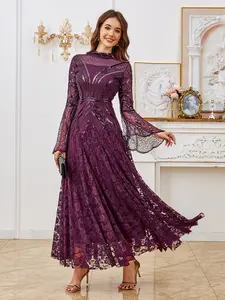 Elegant purple sequin pearl long gown dress, floor-length design with long sleeves and high neck, crafted from lace fabric, perfect for formal evening wear. Ideal for Halloween, celebrations, weddings, and ball occasions, Lady Womenswear