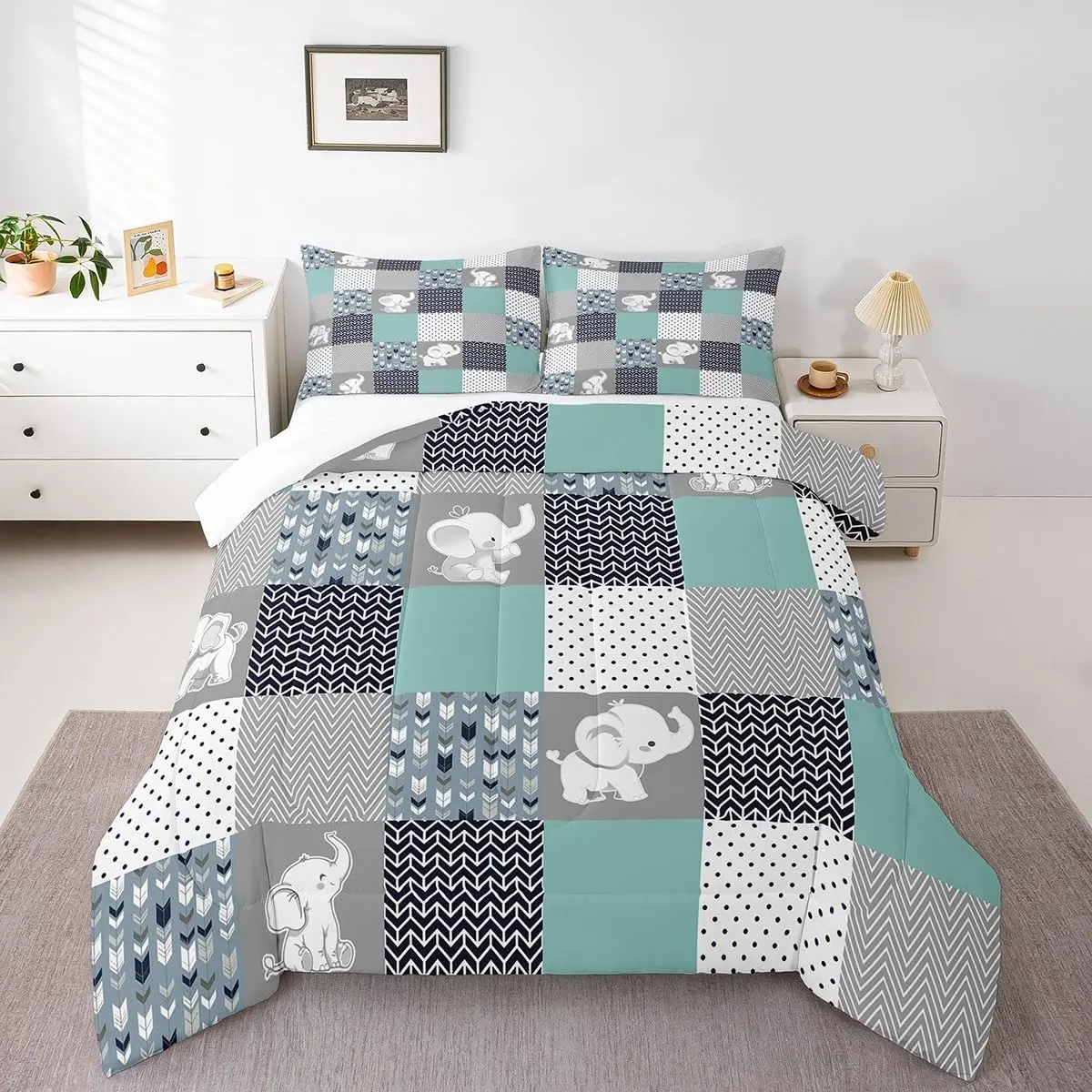 Cute Elephant Comforter Set,Wild Animals Pattern Bedding Set Women,Adults Geometric Lattice Comforter,Teal Gray White Quilted Duvet Set Bedroom Collection