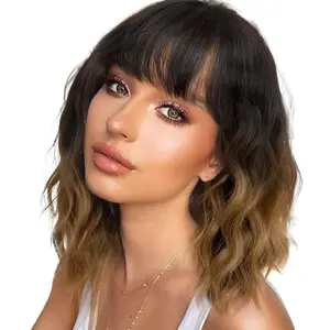 Short Wavy Curly Hair with Bangs Women's Shoulder Length Curly Hair Daily Synthetic Pink Ginger Orange Green Blue Gradient Wig Premium Material Stylish Design Elastic Wig Cap