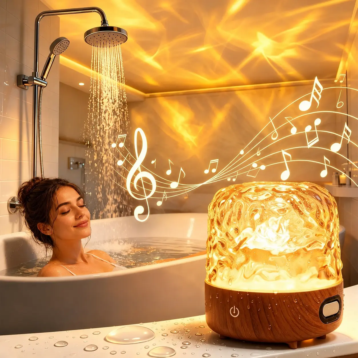 Shower Light with Bluetooth Speaker & White Noise, Waterproof Shower Lamp Rechargeable 16-Color Ocean Wave Projector Lamp with Remote & Touch Control for Shower, Bedroom Decor, Spa Ambience