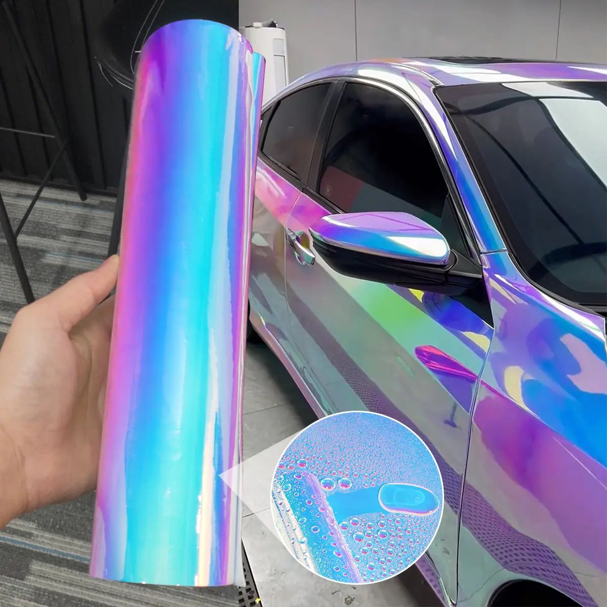 1pc Rainbow white Automotive Vinyl Wrap Film-Chameleon Color Changing Car Motorcycle Film, Scratch-Resistant Self-Adhesive PVC Protective Paint Film Universal Fit Automobile Vinyl Decals