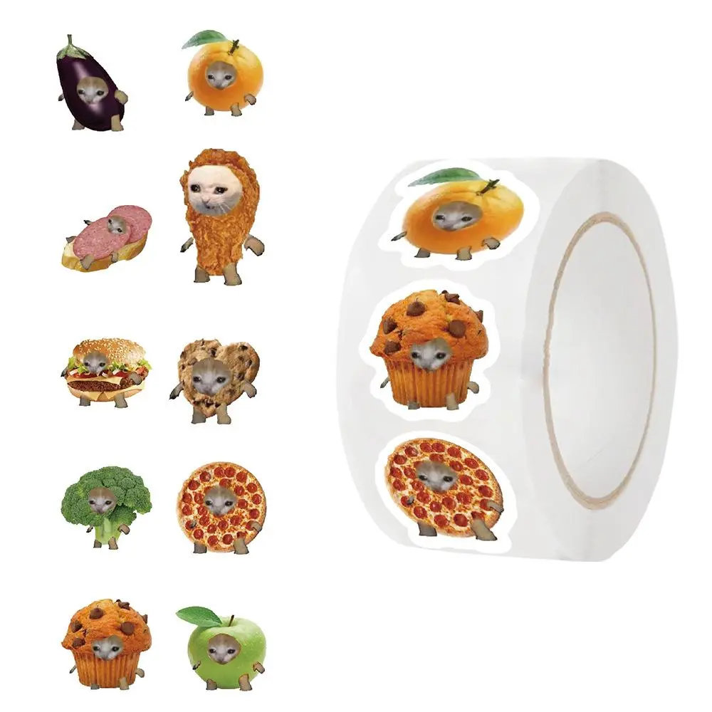 Food Cat Meme Sticker Roll, 500pcs/roll Funny Cartoon Cat Sticker, Meme Cat Sticker, Cat Funny Gifts, Cat Lover Gift for Women, Decor