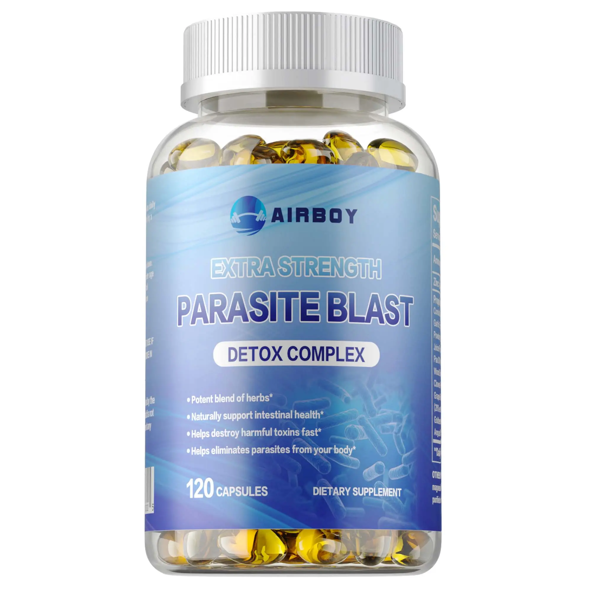 Airboy dietary supplement, a parasite killer, suitable for both men and women, uses natural extracts such as cranberry, garlic extract, and apple pectin powder to support gut health, 120 softgels.