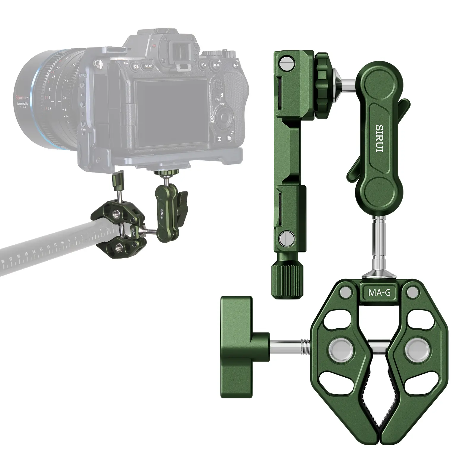 SIRUI Alien Series Camera Mount Clamp with Phone Holder, Flexible Magic Arm Super Clamp with 1/4"-20 Thread and 3/8"-16 Locating Hole for ARRI, Ball Head Mount for Camera Monitor and Bicycle, Green/Red