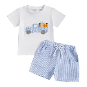Toddler Baby Boy Easter Outfits Truck Carrot Embroidery Short Sleeve T-shirt Tops Plaid Elastic Waist Shorts 2Pcs Summer Casual Tracksuit