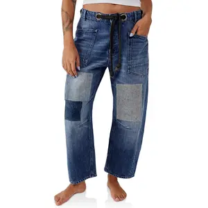 Imily Bela Womens Baggy Barrel Horseshoe Jeans Wide Leg Patchwork Low Rise Denim Pants with Pockets