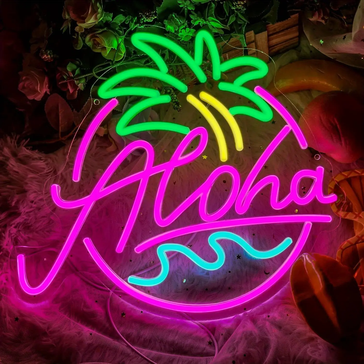 Serbasic Multi-Color Aloha Neon Sign Decoration, 15.8x11.5in USB-Powered Dimmable Indoor Wall Decor with Dimmable Light Switch, DC-Powered Novelty Lighting for Living Room, Beach Cafe (Wall Hanging Artwork, Party Gift)