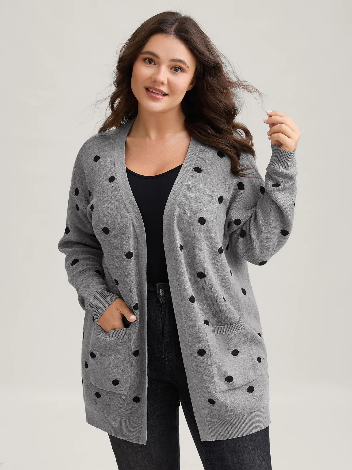 BloomChic Women's Casual Indigo Polka Dot Knit Top, Loose-Fitting Tunic Length Open Front with Drop Shoulders and Pockets, Casual Cozy Pullover, Medium Stretch, Knitting