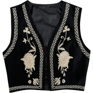 Women's Vintage Embroidery Vest Top Open Front Sleeveless Cropped Cardigan Boho Cowgirl Vest Jacket Womenswear Apricot Casual Fitted Vneck