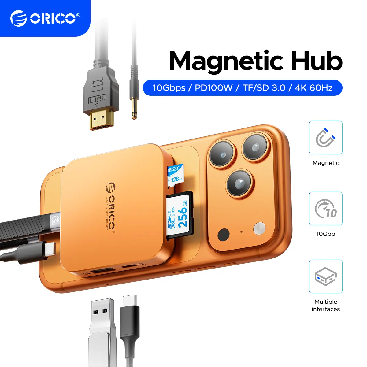 ORICO 10Gbps Speed Magnetic M.2 Docking Station - 8-in-1 Dock with USB-C Hubs, 8 Ports, M.2 2230 NVMe Enclosure, HDMI 4K@60Hz, SD/TF Card Readers, USB-A 3.2 Ports, 100W PD, 3.5mm AUX for Content Creators