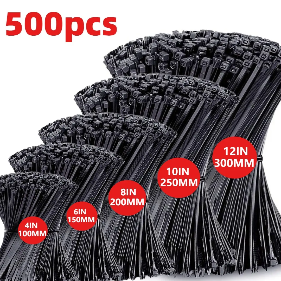 500-Pack Durable Nylon Self-Locking Cable Ties - Zip Ties in Various Sizes (300mm/250mm/200mm/150mm/100mm) for Home, Office, Garden, and Workshop Wire Cable Management - Indoor and Outdoor Use, Scratch & Bend Resistant, Home Organization