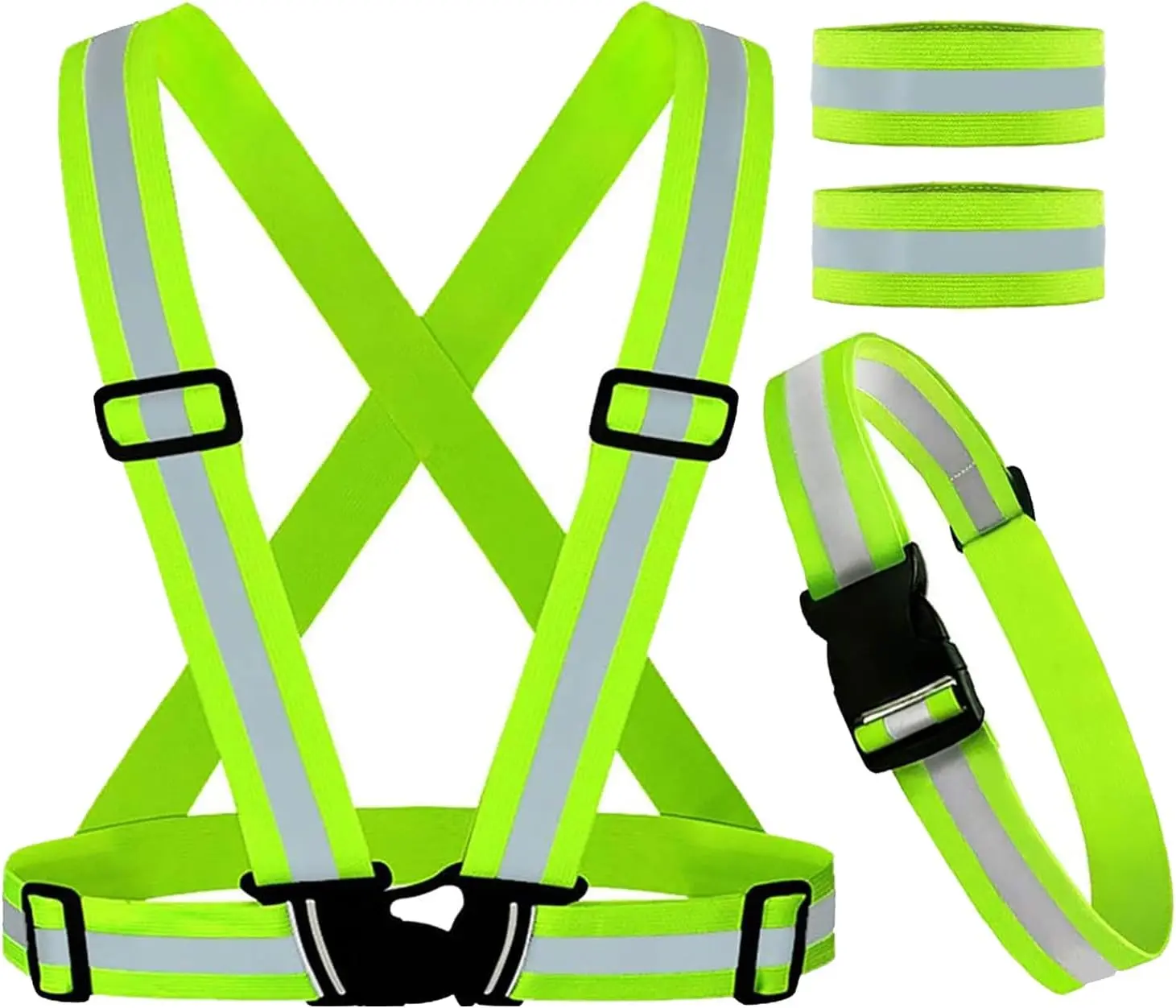 4 count Reflective Vest Set Safety Clothing High Visibility Adjustable Elastic Outdoor Reflective Glow Belt and Vest with 2Pack Reflector Armbands Running Cycling Walking Jogging