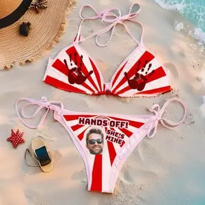 Funny Custom Face String Bikini Set, Hands Off She’s Mine Swimsuit, Couple Gift, Bachelorette Beach Outfit, Summer Vacation Swimwear