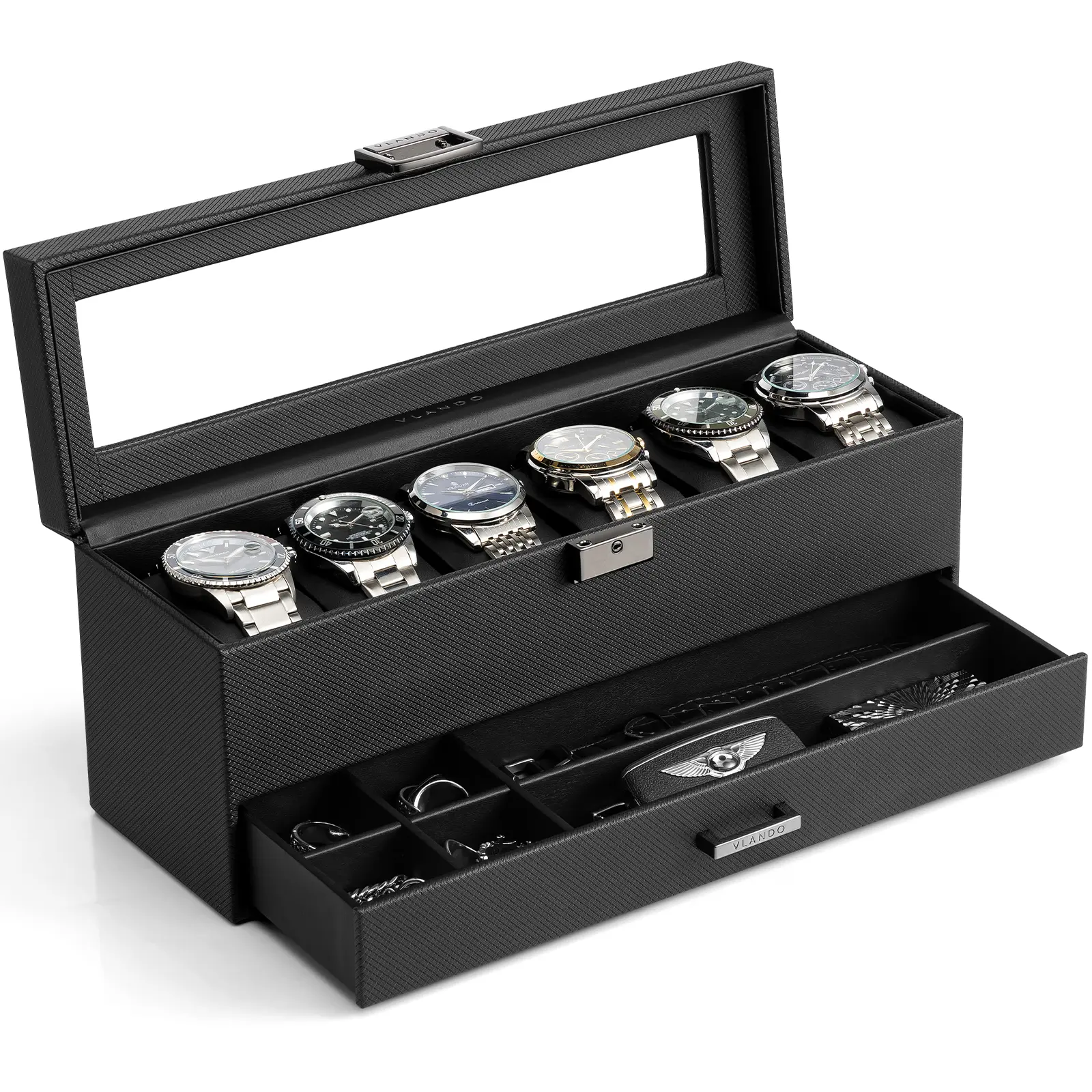 VLANDO Watch Box for Men, 6-Slot 2-Layer Lockable Watch Case with Glass Lid, Large Watch Organizer with Drawer, Gift for Dad Husband summerwins,dorm essentials,home decor,dorm room inspo,college dorm essentials,dorm haul