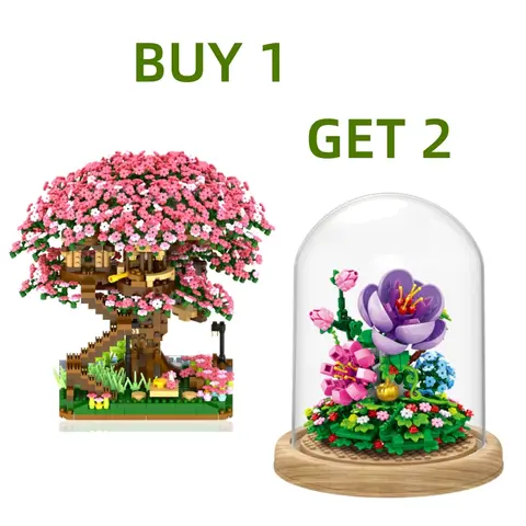 Fun Decorative Miniature Building Block Sets - Buy 1 Get 2 Collection: Violet Flower Bonsai Landscape, Micro Block Cherry Tree House (2 Sets) - Valentine's Day Gift for Girls