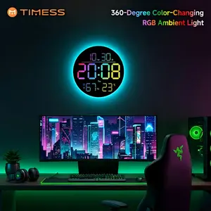 TIMESS 10-Inch Large Round Screen Digital Wall Clock, 360° Color-Changing RGB Ambient Light, 13 Colorful Screen Themes, Multifunctional Display, Dual Alarms,Suitable for Classroom, Gaming Room, Gym, Living Room, Ideal Holiday Gift summerwins